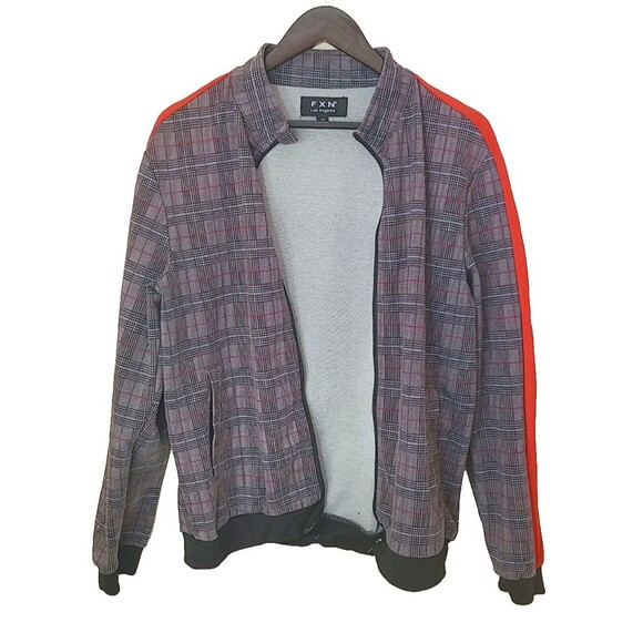 FXN Los Angeles Jacket Mens M Plaid Full Zip Red Stripe Gray Medium Track Casual - Picture 2 of 4